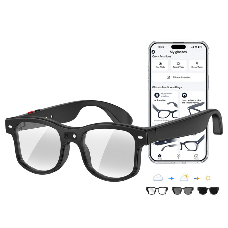 AI Smart Glasses with Camera, 8MP HD Video Recording Camera Smart Sunglasses, Bluetooth Translation Sunglasses, Touch Control Open Ear Audio glasses, Photochromic Lenses for Outdoor Sports Driving