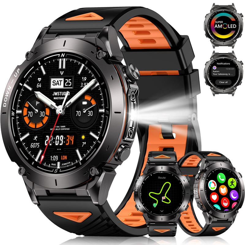 GPS Military Smart Watch for Men with Flashlight, 1.43'' AMOLED Smartwatch with Bluetooth Calling, 730mAh Battery, IP68 Waterproof, 170+ Sports Modes, Compatible with Android & iPhone