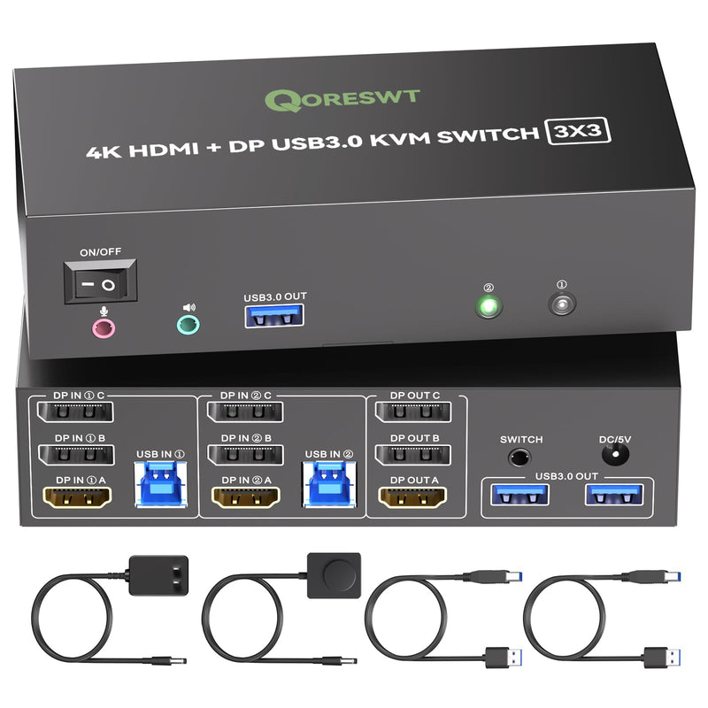 KVM Switch 3 Monitors 2 Computers with Audio, HDMI + DisplayPort Triple Monitor KVM Switches, 3 Monitor KVM Support 4K@60Hz for 2 PC Share 3 Display and 4 USB 3.0 Devices Black D General