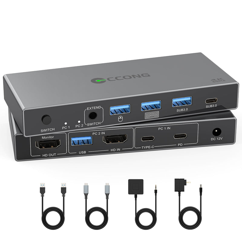 HDMI USB C KVM Switch 1 Monitor 2 Computers,4K@60Hz KVM Switches for | 1 PC+1 Laptop Share 4 USB3.0 Ports,Single Monitor,Keyboard & Mouse with 2 USB3.0 Cables Controller Office · Gaming · Meeting Grey Laptop+PC 1 Monitors