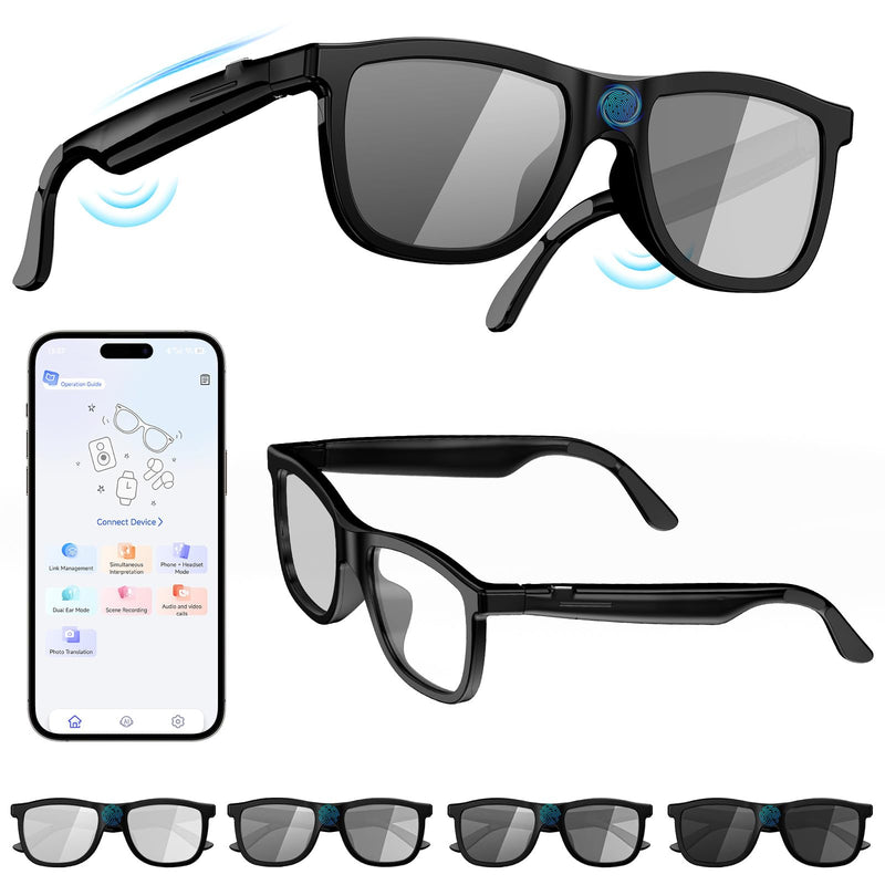 2026 Smart Audio Glasses with Electrochromic Lenses, Adjustable Tint Sunglasses for Driving,Travel,Daily Use,Open Ear Bluetooth 5.4, AI Translation, Premium Tech Gadget Gift for Men Women BLACK