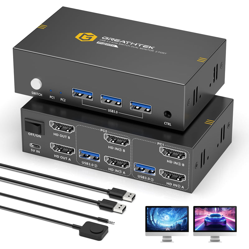 8K HDMI KVM Switch 2 Monitors 2 Computers,8K@60HZ USB3.0 Dual Monitors KVM Switches for 2 PC/Laptops Share Mouse Keyboard and 2 Screens,with 2 USB Cables/Controller,EDID Adapative,Plug&Play Deep Blue