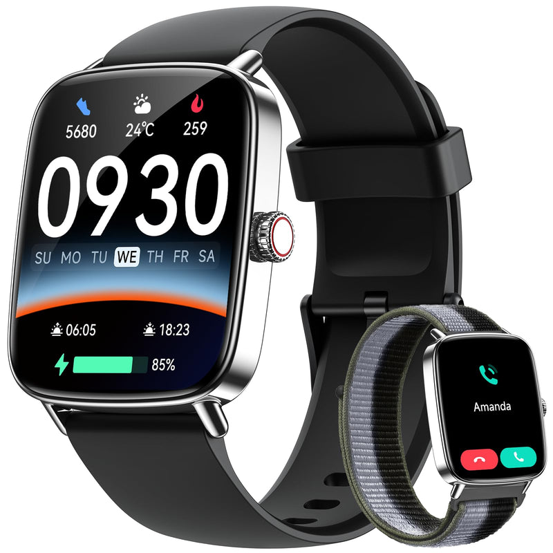Smart Watch for Women Men, 1.85" HD AMOLED Fitness Tracker (Answer/Call) with 24/7 Heart Rate/Sleep/SpO2 Monitor for iPhone & Android, 120+ Sports Modes Smartwatch with IP68 Waterproof, 2 Bands Black
