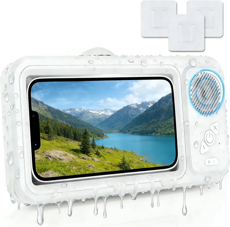 Waterproof Shower Phone Holder with Bluetooth Speaker, IPX4 Anti-Fog 360° Rotatable Suction Mount for Bathroom Kitchen