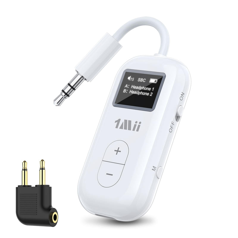 1Mii SafeFly Dual | Airplane Bluetooth Adapter for AirPods or Headphones, Bluetooth Transmitter with Screen, Volume Control, aptX Adaptive & HD, 3.5mm Aux Audio Jack for Airplane, Travel Flight