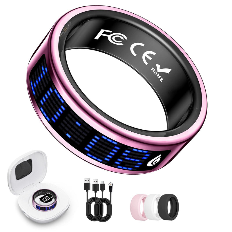 Smart Ring for Women & Men, Fitness & Health Tracker with Display Screen, IP68 Waterproof Smart Rings for Health Monitoring, Fitness Tracker Ring with Call Notification, No App Fees (Pink, 8#)
