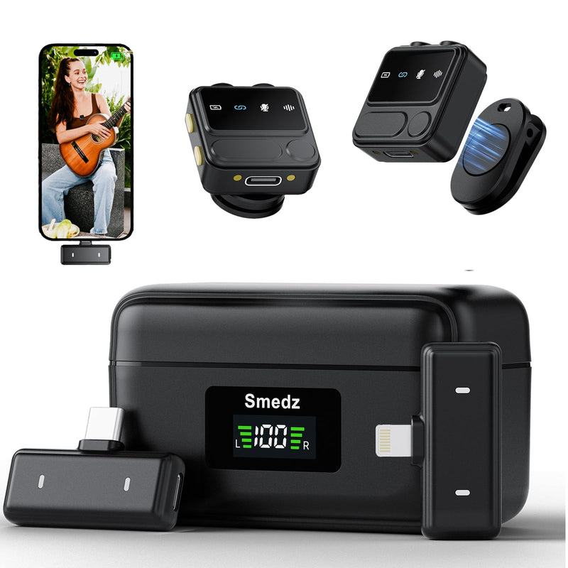 [AUSTRALIA] - Smedz Wireless Microphone for iPhone Android,Mini Lavalier Microphone with AI Noise Reduction, 164FT Range&80H Charging Case Magnetic Mini Mic for for YouTube TikTok Vlog Podcast Live Streaming Shining Black 