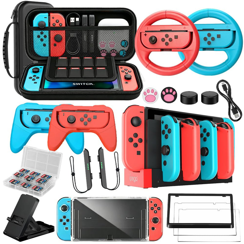 Accessories Bundle for Nintendo Switch 1/OLED, OUNFNOE 19-IN-1 Kits for Switch OLED Accessories, Carrying Case, Controller Charging Dock, Joy-Con Thumb Grips, Tempered Screen Protector, Steering Wheels for Mario Kart, Protective Console Cover