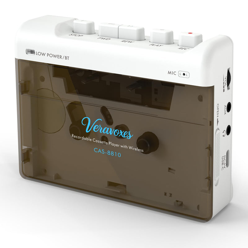[AUSTRALIA] - Portable Bluetooth Cassette Tape Player, Cassette Player Recorder,Equipped with Headphone and AUX Ports, Support AUX Line in Record,Built-in Microphone, Powered by DC or AA Battery (White) White 