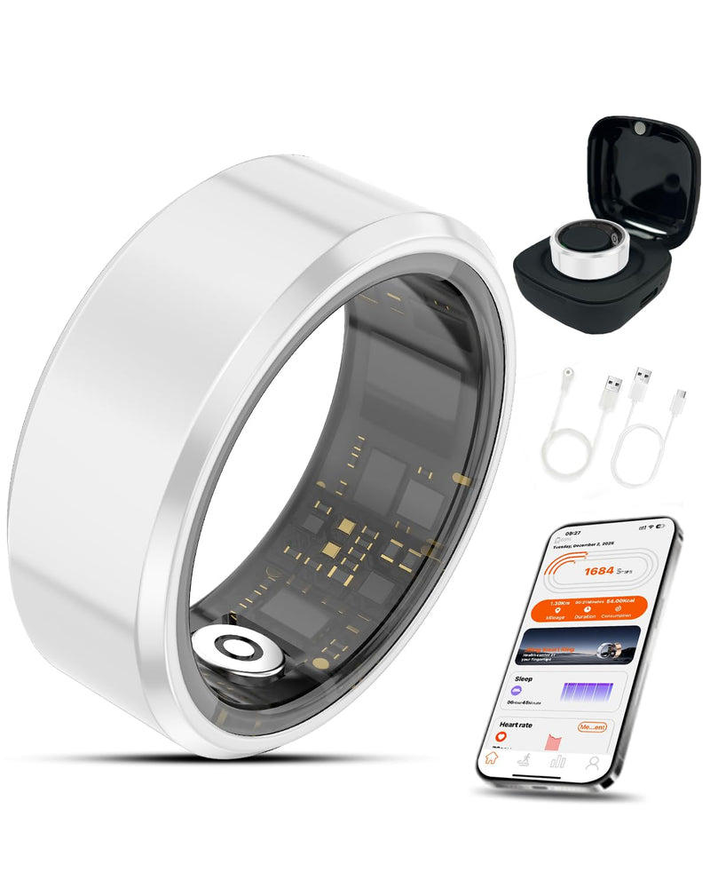 Ceramic Smart Ring Health Tracker with Charging Case Sleep, Heart Rate & SpO2 Monitor, 5ATM+IP68 Waterproof Fitness Ring for Men Women, No Subscription, 4-9Day Battery, iOS/Android Compatible White 7#