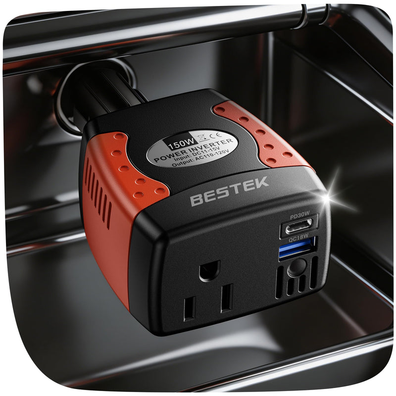 BESTEK 150W Car Power Inverter 12V to 110V AC Outlet PD 30W QC 18W USB | Voltage Converter/Car Charger/Power Adapter/Dual Charging Ports/Safety Protection/Road Trip/Camping Black