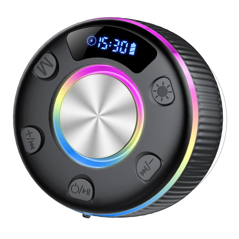 [AUSTRALIA] - Bluetooth Shower Speaker, IP7 Waterproof Portable Bluetooth 5.3 Speakers with Suction Cup, Mini Wireless Speaker with RGB Lights Time Display, Loud Stereo Sound for Bathroom Beach Outdoor Party Gift Sleek Black 
