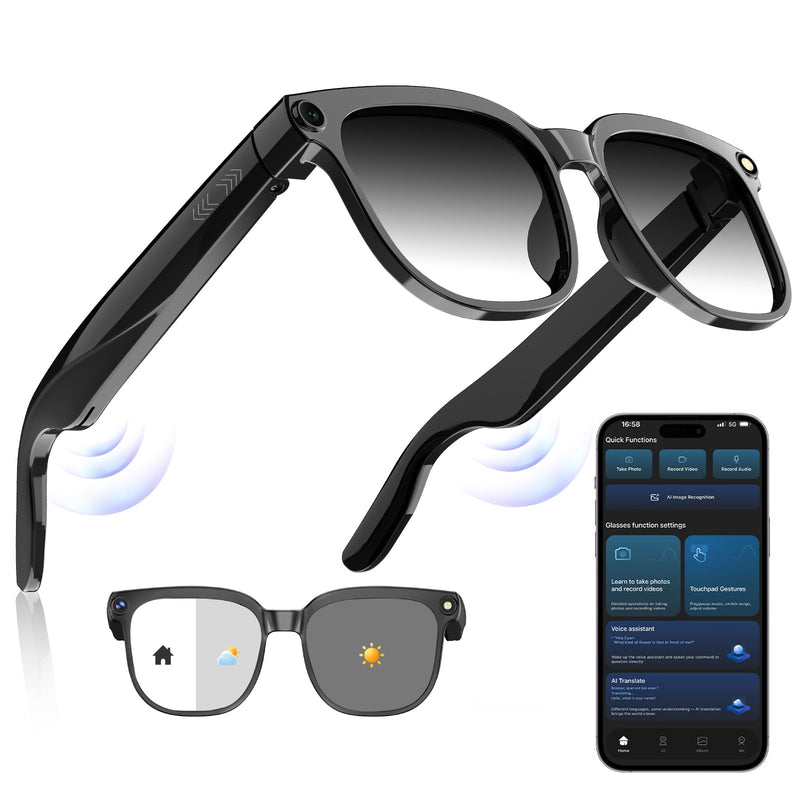 AI Smart Glasses with Camera,8MP HD Bluetooth Camera Glasses with ENC Noise Reduction,Replaceable Lenses,Voice Control,Music Playback,for Travel,Outdoor&Business