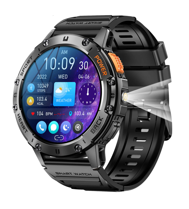 Military Smart Watches for Men, Answer/Make Calls, Fitness Tracker with Heart Rate/Sleep Monitor/3 Straps/Flashlight, 100+ Sport Modes, IP68 Waterproof Watch for iPhone/Android Phones, Blackorange