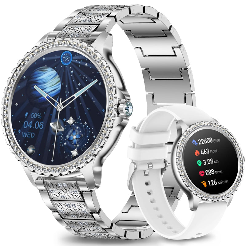 Smart Watch for Women with Diamonds, Bluetooth Calls, 1.32'' Full HD Screen Fitness Tracker with Multiple Sports Modes/Heart Rate/Sleep Monitor, IP68 Waterproof for Android iOS, Elegant Silver