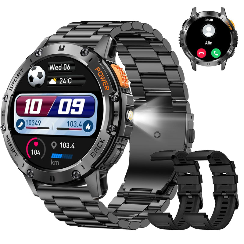 Military Smart Watches for Men, Answer/Make Calls, Fitness Tracker with Heart Rate/Sleep Monitor/3 Straps/Flashlight, 100+ Sport Modes, IP68 Waterproof Rugged Watch for iPhone/Android Phones, AllBlack