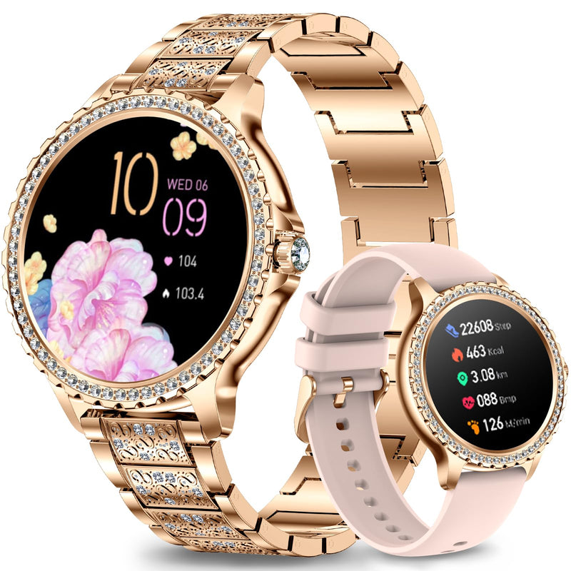 Smart Watch for Women with Diamonds, Bluetooth Calls, 1.32'' Full HD Screen Fitness Tracker with Multiple Sports Modes/Heart Rate/Sleep Monitor, IP68 Waterproof for Android iOS, Elegant Rosegold