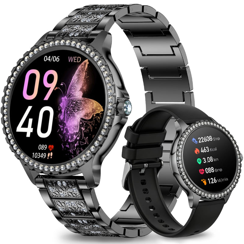 Smart Watch for Women with Diamonds, Bluetooth Calls, 1.32'' Full HD Screen Fitness Tracker with Multiple Sports Modes/Heart Rate/Sleep Monitor, IP68 Waterproof for Android iOS, Elegant Black