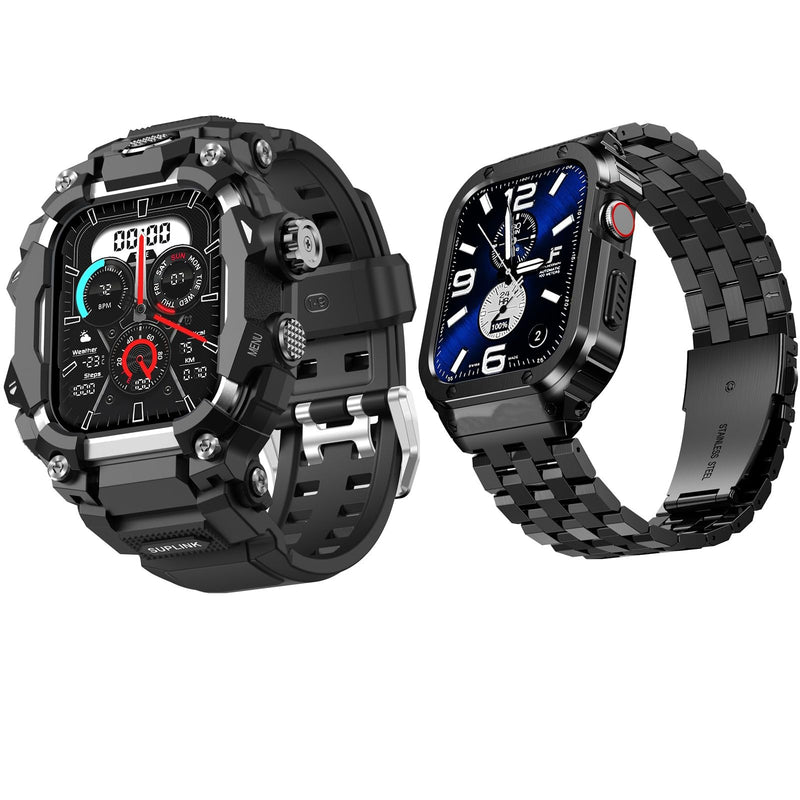 SUPLINK Rugged Case with Sport Band for 44mm Apple Watch Bands Silver and Stainless Steel Apple Watch Band for Men Black