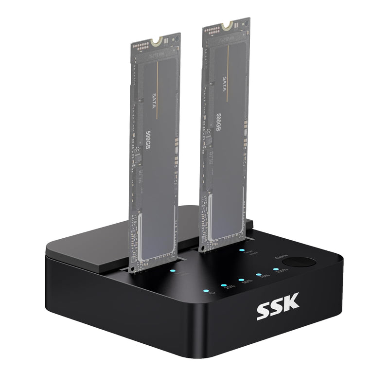 SSK NVMe & SATA SSD Cloner M.2 Duplicator Dual Bay Dock SSD to USB Adapter | For NVMe & SATA SSD, M Key/B+M Key, 10Gbps USB3.2 Gen 2, Offline Clone Duplicator, PCIe 3/4/5, Tool-Free, UASP Trim