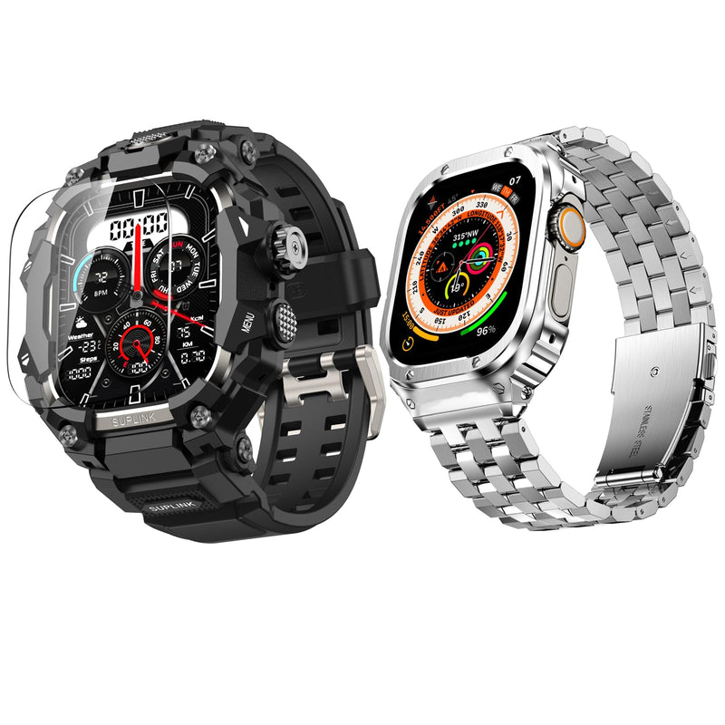 SUPLINK Rugged Case with Sport Band for 49mm Apple Watch Ultra 3 2 1 Bands Titanium and Stainless Steel Apple Watch Band for Men Silver