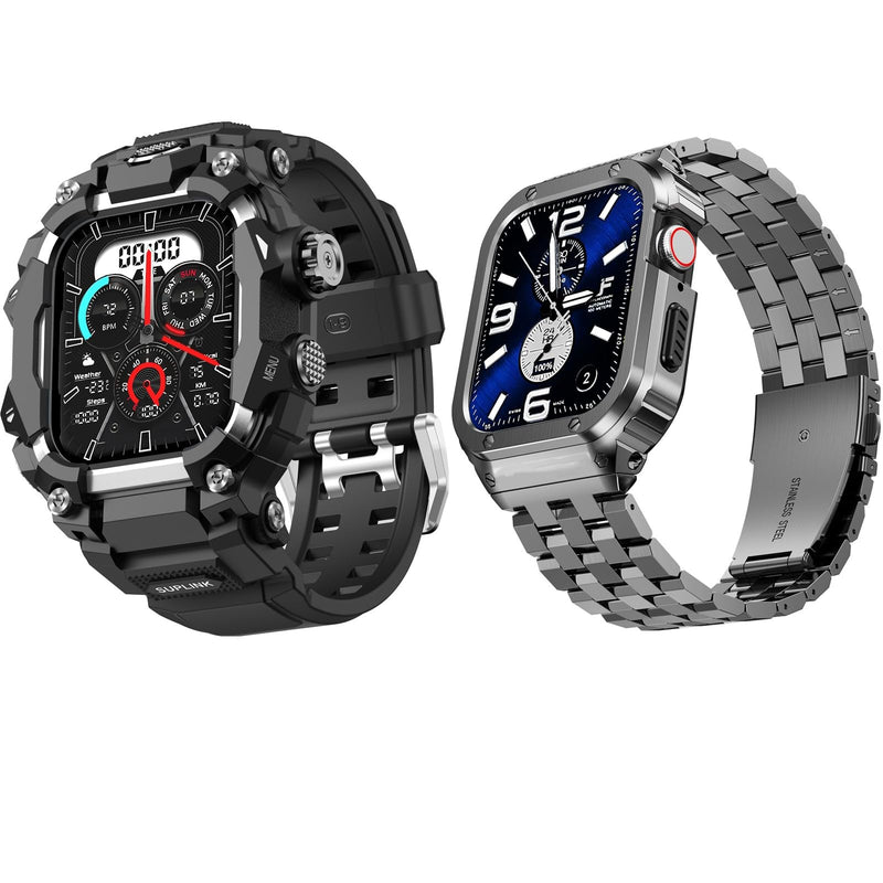 SUPLINK Rugged Case with Sport Band for 45mm Apple Watch Bands Silver and Stainless Steel Apple Watch Band for Men Grey