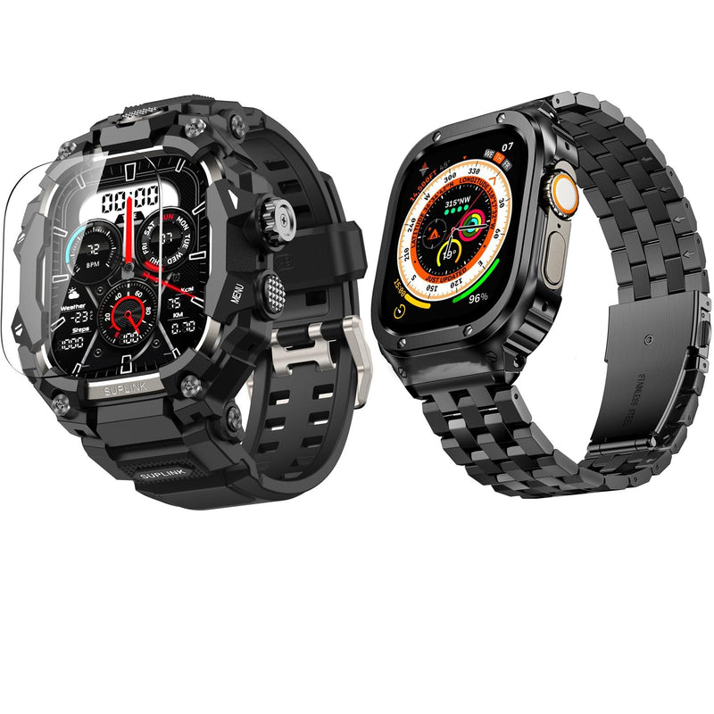 SUPLINK Rugged Case with Sport Band for 44mm Apple Watch Bands Titanium and Stainless Steel Apple Watch Band for Men Black