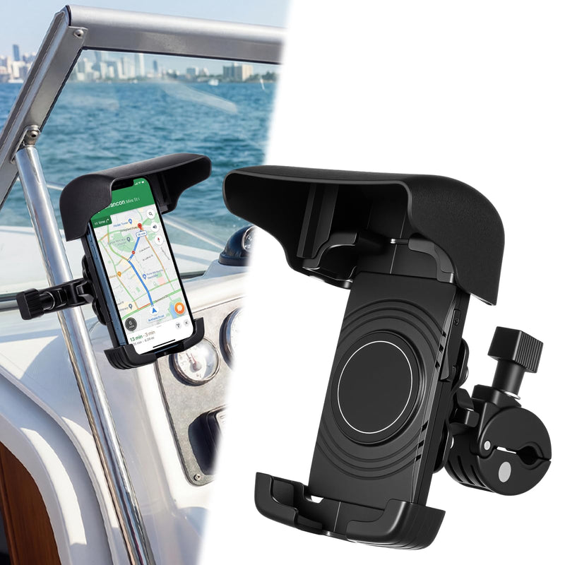 Tellegloww 1 Pack Boat Phone Holder, Crab Clamp, with Sunshade, Black | Crab Clamp Suction or Clip Mount, 360 Swivel Ball Joint Adjustable Angles, Sunshade Reduces Glare, Fits Boat Rails Kayak
