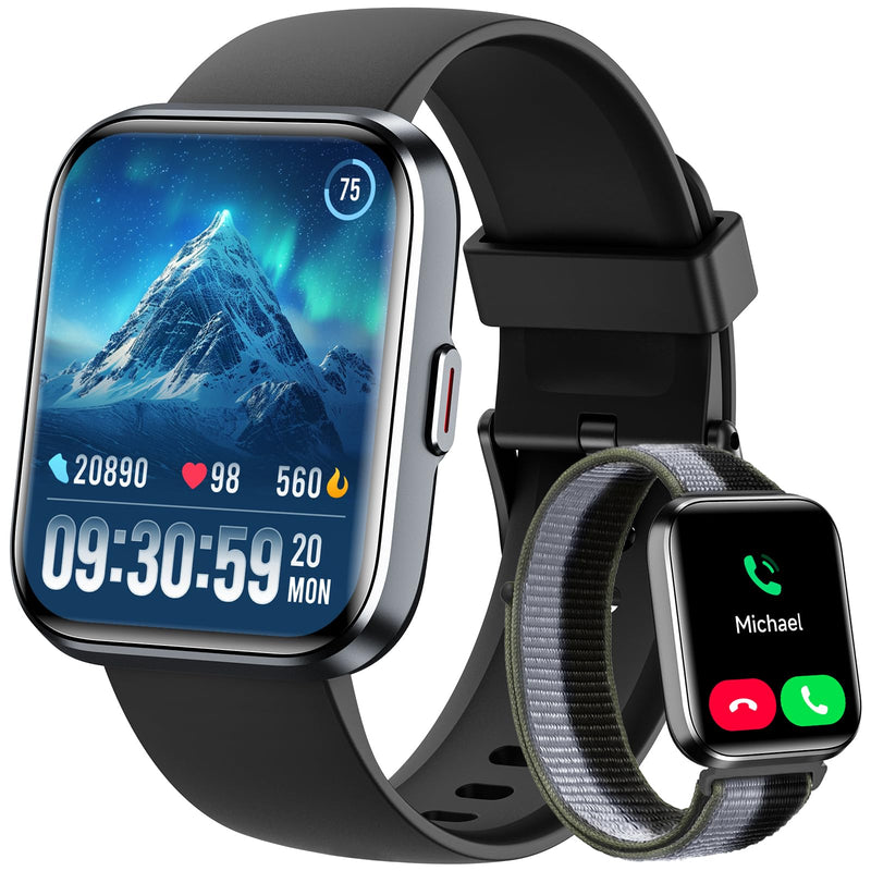 Smart Watch for Men Women, 1.8" Fitness Tracker for Android & iPhone, Answer/Make Calls, Alexa Built-in, Heart Rate/Sleep/SpO2 Monitor Smartwatch, 3ATM Waterproof Watches, 101+ Sport Modes, 2 Bands Matte Black 1.8 inches