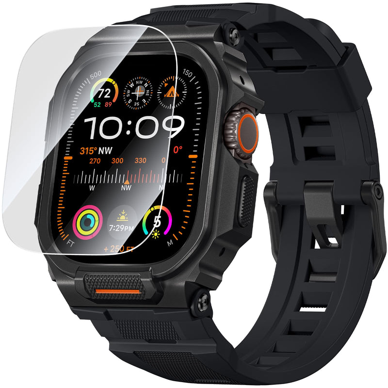 Bandletic Rugged Case Band Compatible with Apple Watch Ultra 3/2/1 49mm | Military Grade Shockproof Bumper Cover for iWatch Tactical Band Men, Screen Protector Included Black/Black