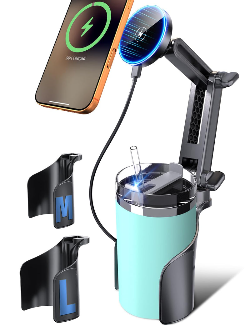 ELWEY for Magsafe Car Mount Charger Wireless, Upgraded 3 in 1 Cup Phone Holder with Dual Flexible Bases, 15W Fast Charging Phone Holder Magnetic, Powerful N55 Magnet, 15" Height, for iPhone 17 16 15