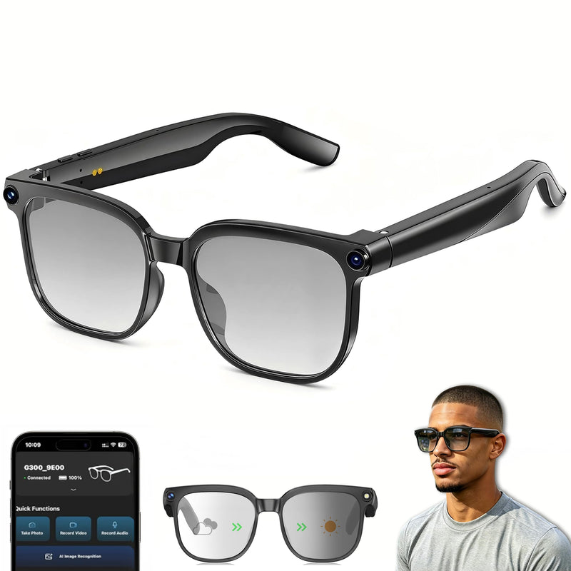 AI Smart Glasses with Camera, 8MP HD Camera Glasses for Men, AI Recording Glasses with Voice Assistant,Open-Ear Audio,Real-Time Translation,Video Recording Sunglasses for Life & Work (Photochromic) Black (Photochromism lenses)
