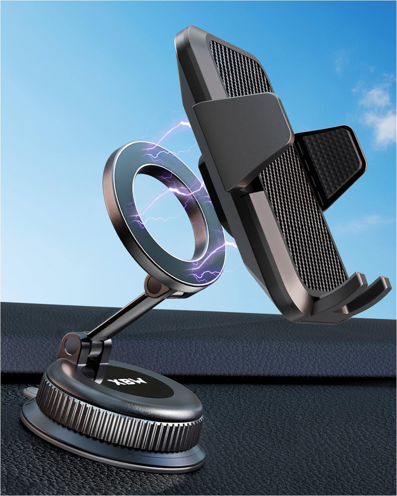 Car Phone Mount with Magnetic Clip for Magsafe & Android Cell Phone | 90lbs Suction Cup| Snap for iPhone Clip for Samsung| Thick Case swap freely| No Ring Adapter Needed| Dashboard Windshield Black