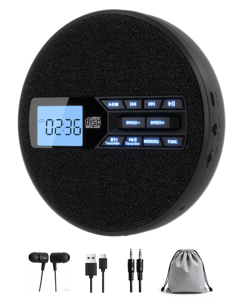 [AUSTRALIA] - Portable CD Player for Car with FM Transmitter, Rechargeable Small CD Player with Bluetooth & Dual Speakers for Home, Anti-Skip, Resume Playback, AUX/USB, Backlit LCD Display, Headphones 