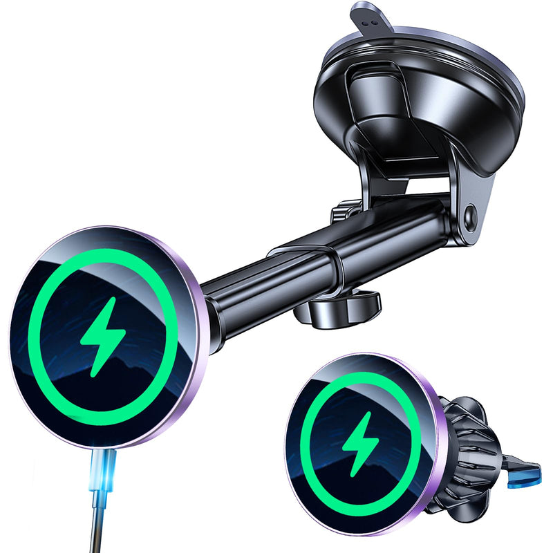 Coolpow for MagSafe Car Mount Charger【Ultra Magnet】 Magnetic Phone Holders for Your Car Charger【Windshield+Vent+Dash】 Magnetic Wireless Car Phone Holder Charger Car Mount for iPhone 17 (Purple) Purple