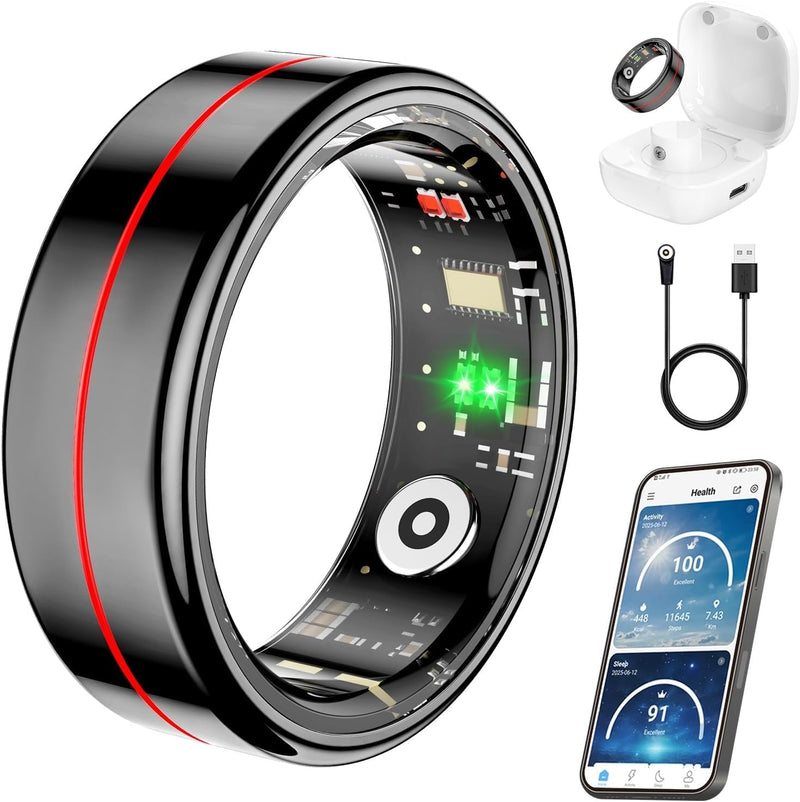 Fit Ring, Smart Health Rings for Women Men with Heart Rate,Blood Oxygen,HRV,Stress Level, Sleep Monitor, Step Tracker, No Subscription Fee, IP68 Waterproof Smart Ring for iphone &Android (Black, 13#) Black 13#