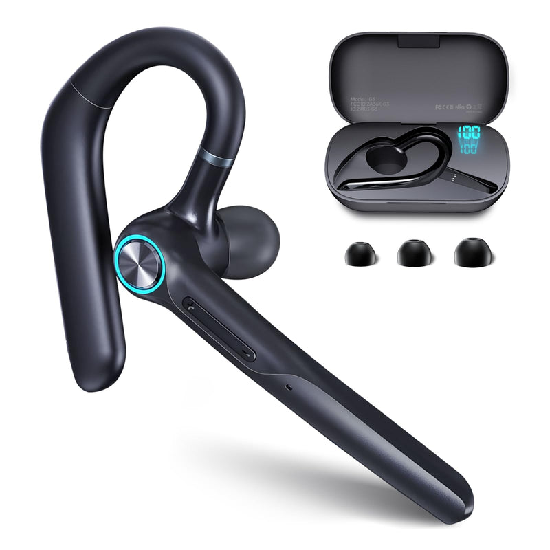 [AUSTRALIA] - ONE LIFE Bluetooth Headset with Microphone, Bluetooth Earpiece for Work, Wireless Headset with Mic, 15H Talk Time, 500mAh Charging Case, Bluetooth 5.3, LED Display for Office, Laptop, Phone, Driving Black 