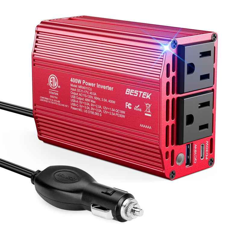 BESTEK 400W Car Power Inverter DC 12V to AC 110V Car Charger Plug Adapter | PD 30W USB-C & USB-A 3.0 Fast Charging, Car Charger Cigarette Lighter Adapter, Portable Outlet for Laptop, Road Trip, Camping Red