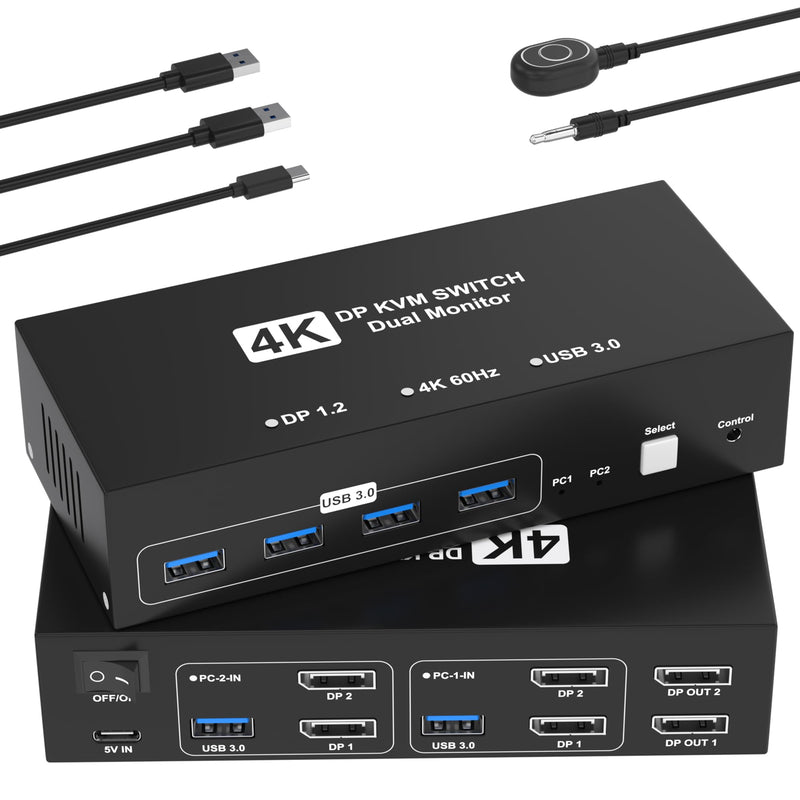 DisplayPort KVM Switch 2 Monitors 2 Computers, 4K@60Hz USB3.0 KVM Switch Display Port for 2 Computers Share Dual Monitors and 4 USB Devices, Computer Switch Monitor Switch for 2 Computers DP