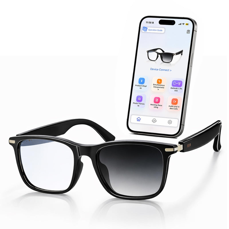 AI Smart Audio Translation Glasses with Real-Time Language Translation 139 Languages via App, Bluetooth Open-Ear Eyewear, AI Assistant, Photochromic Sunglasses, Meeting Recorder for Travel Business
