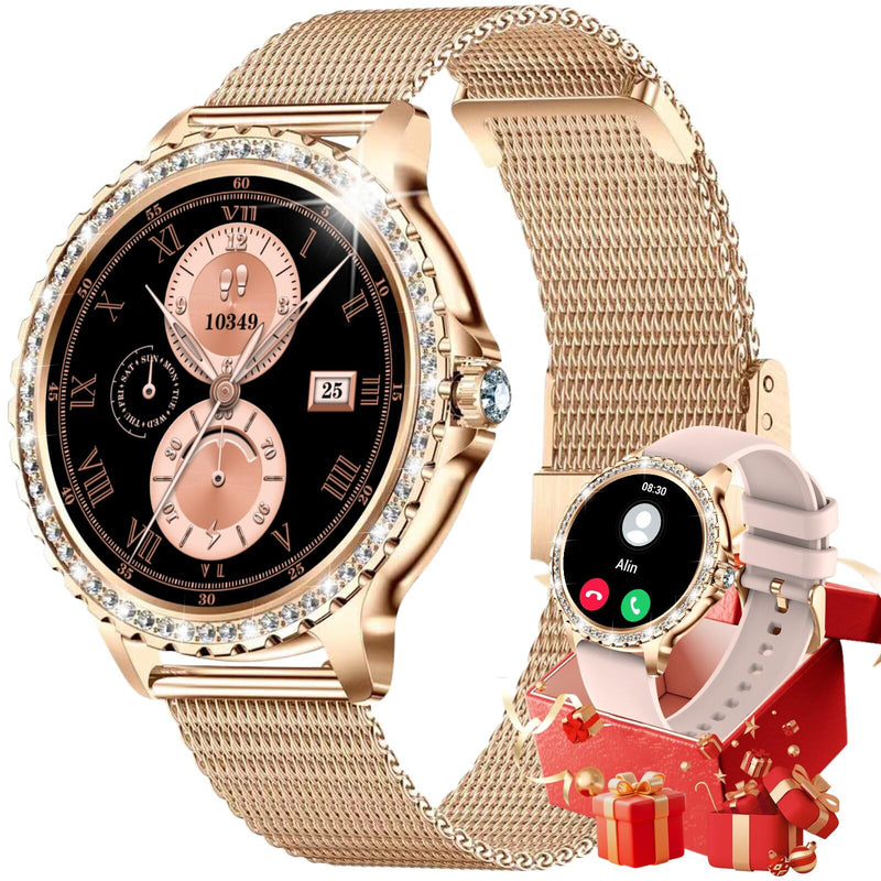 Smart Watch for Women Diamond, Bluetooth Calls, 1.32-inch HD Screen Round Fitness Tracker with Menstrual Cycle/Sleep/Heart Rate Monitor, 100+ Sports Mode, Android/iOS Phone, Rose Gold