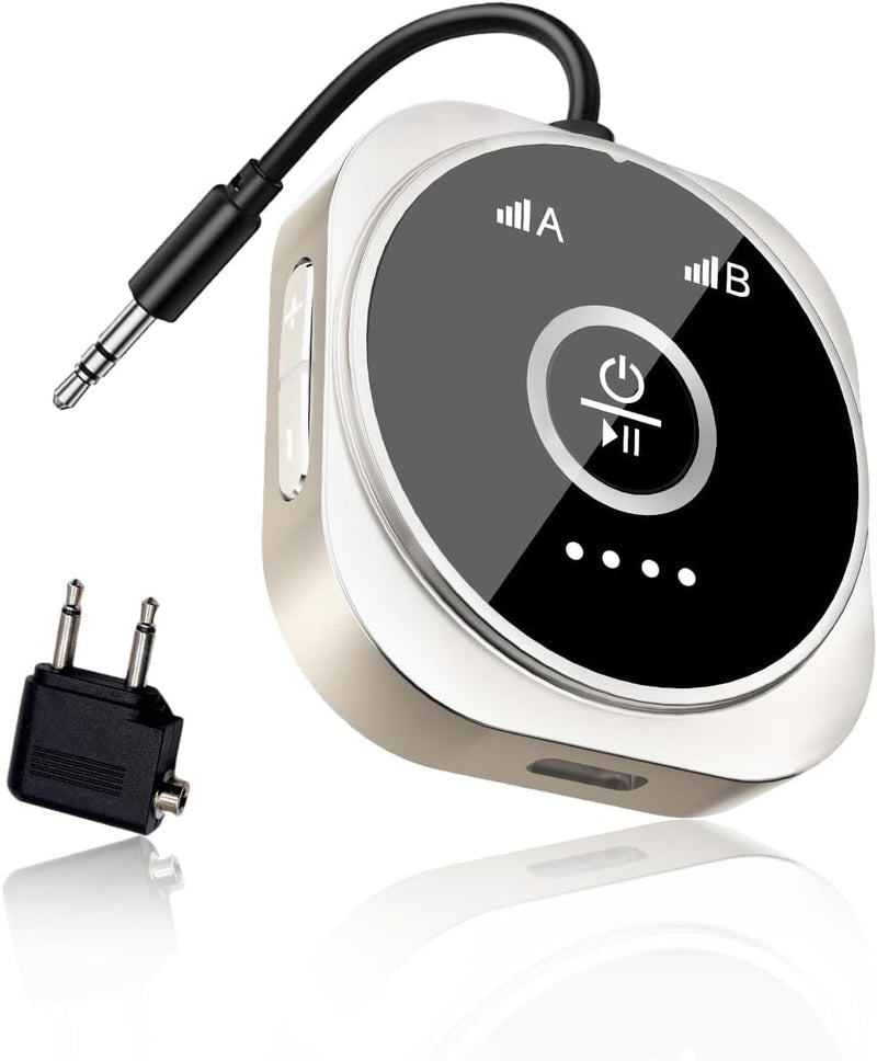 [AUSTRALIA] - Airplane Bluetooth 5.4 Transmitter Receiver with aptX Low Latency,Supports 2 AirPods or Headphones, 24Hr Playtime, 3.5mm AUX Wireless Audio Adapter for Home Stereo, Travel Flight, Home, Gym Silver 
