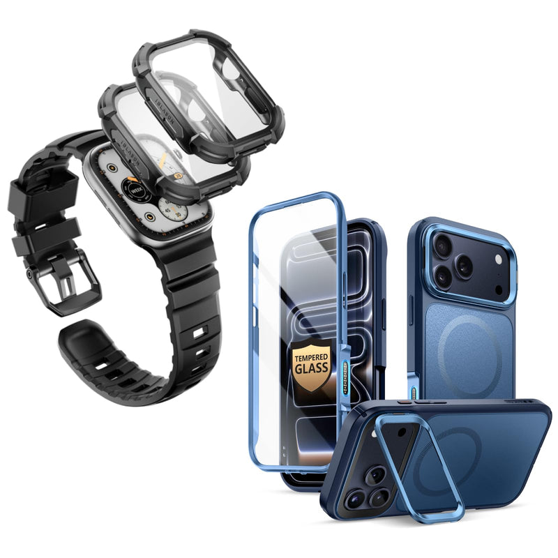 i-Blason for Apple Watch 46mm Band (Black) & iPhone 17 Pro Max Phone Case (Blue)