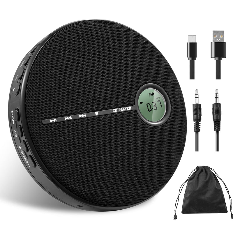 Gelielim Portable CD Player Bluetooth, Personal Discman CD Player for Car & Home,Small Fabric Music Player with Anti-Skip Protection, A-B Repeat,10 Speeds,Stereo Speakers,Supports CD/AUX/USB, Black