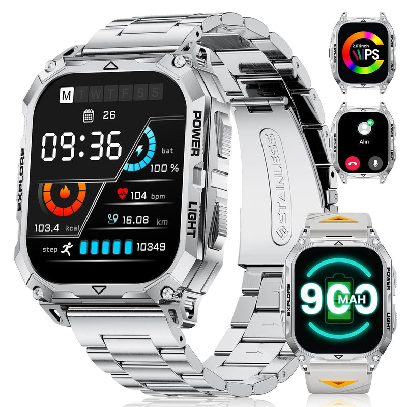 Smart Watches for Men(Answer/Dial Call), 2,01'' Super Large Military Smartwatch with 900mAh High-Capacity Battery/Led Flashlight/Heart Rate/Sleep Monitor, IP68 Waterproof Fitness Watch for Android iOS TX13-F