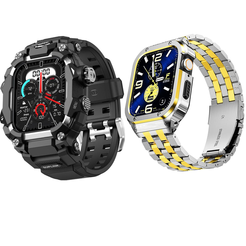 SUPLINK Rugged Case with Sport Band for 46mm Apple Watch Bands Silver and Stainless Steel Apple Watch Band for Men Silver Gold