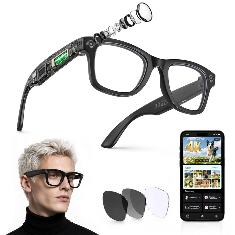JASPIN AI Smart Glasses with Camera and Bluetooth - 4K EIS Anti Shake Video & Photo Capture,Real Time Translation,AI Assistant with ChatGPT,Object Recognition,One-Click Video Creation Gray+clear+photochromic