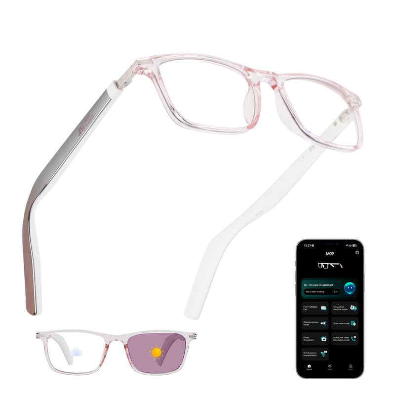 AI Smart Glasses for Women with Stylish Rose-Gold Thin Temples | Real-Time Translation - 164 Languages, Color-Changing Lenses, Lightweight, Free App, Bluetooth Glasses for Travel Working Pink-AI