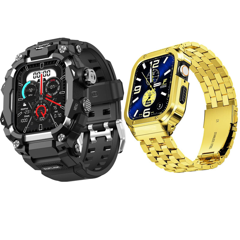 SUPLINK Rugged Case with Sport Band for 45mm Apple Watch Bands Silver and Stainless Steel Apple Watch Band for Men Gold