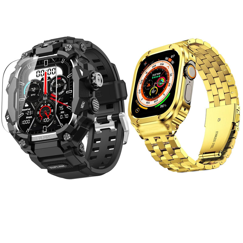 SUPLINK Rugged Case with Sport Band for 49mm Apple Watch Ultra 3 2 1 Bands Black and Stainless Steel Apple Watch Band for Men Gold